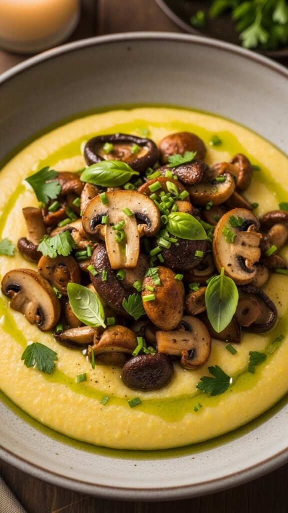 Vegan Polenta with Garlicky Mushrooms